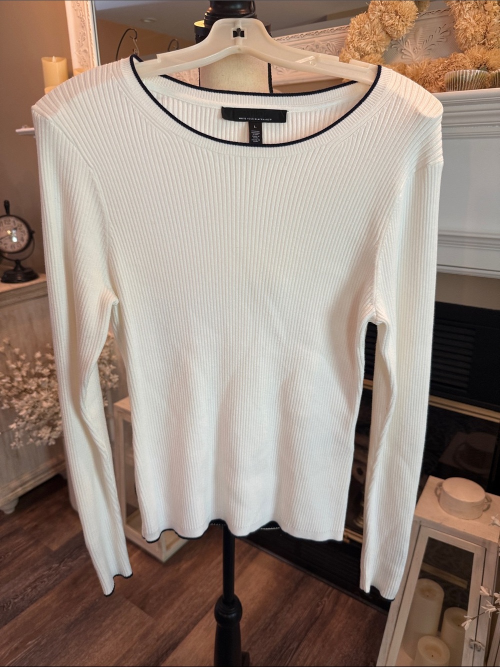 White House Black Market Cream Ribbed Long-Sleeve Tee with Navy Trim